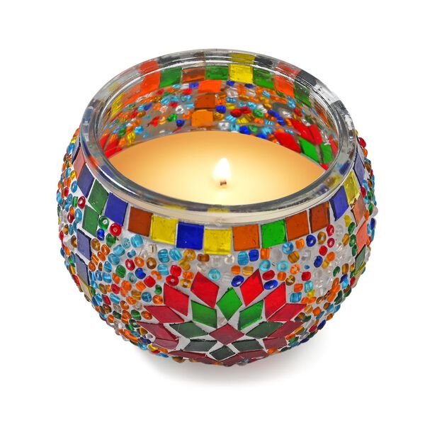 Aromatische Rosen-Sojawachs-Duftkerze im handgefertigten Mosaikglas, ca. 10x8 cm