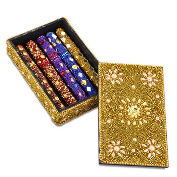 Perlen-Box mit 5 Kugelschreibern (12cm) Geschenkset, 8,5x13,5x3 cm, Golden