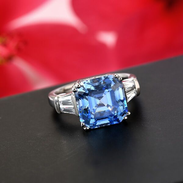LUSTRO STELLA Hergestellt mit Fancy Blauem ZIRKONIA Asscher Schliff Ring 925 Silber Platin-&Uuml;berzug (Gr&ouml;&szlig;e 16.00) ca. 6,84 ct image number 2