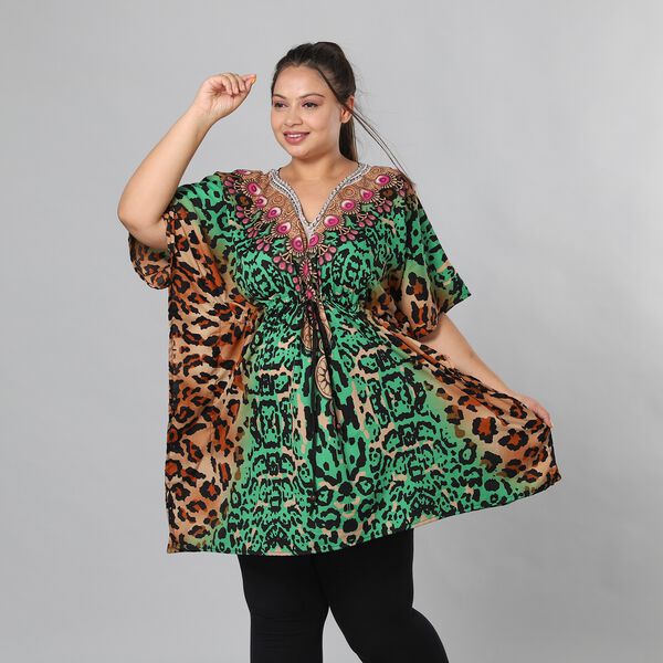 V-Ausschnitt bedruckter Kaftan, Einheitsgr&ouml;&szlig;e Gr&uuml;n image number 4