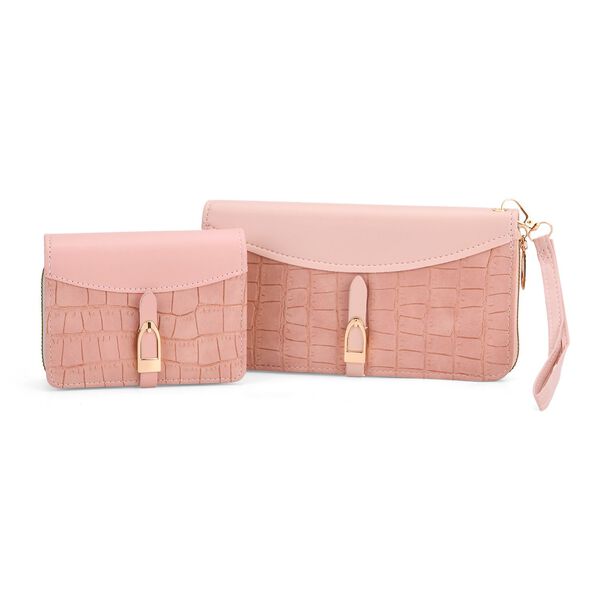 2-teiliges Geldb&ouml;rsen-Set im Krokopr&auml;gungs-Design, Lange Geldb&ouml;rse 20x10x3 cm und Bifold-Geldb&ouml;rse 12x9x3,5 cm, Pink