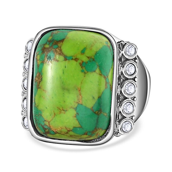 Gr&uuml;nes T&uuml;rkis, Wei&szlig;er Zirkon Ring, Edelstahl (Gr&ouml;&szlig;e 16.00) ca. 10.98 ct