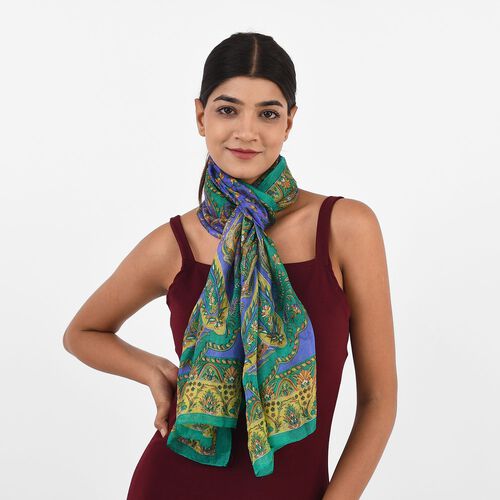 Bedruckter 100% Satin-Seidenschal, 48x160cm, Paisley Grün image number 0