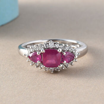 Afrikanischer Rubin und Zirkon-Ring, (Fissure gef&uuml;llt), 925 Silber platiniert