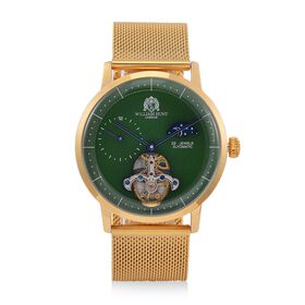 William Hunt Automatik-Uhr - IP-schwarzbeschichtetes Edelstahlgehäuse, grünes Multifunktionszifferblatt mit gewölbtem Glas, Edelstahl-Mesh-Armband, Glasboden, 5 ATM wasserdicht, Reiner Edelstahl