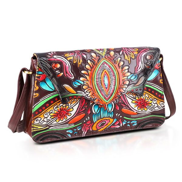 SUKRITI handbemalte Echtleder Tasche mit Pr&auml;gung 32 x 6 x 19 cm, Maroon image number 5
