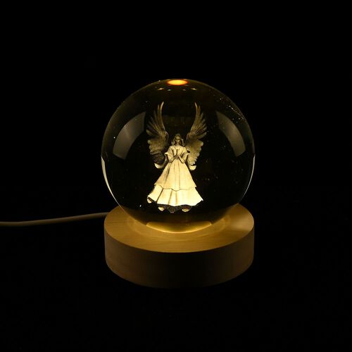 3D Kristallkugel mit LED-Licht und Holzsockel, Schützender Engel image number 0