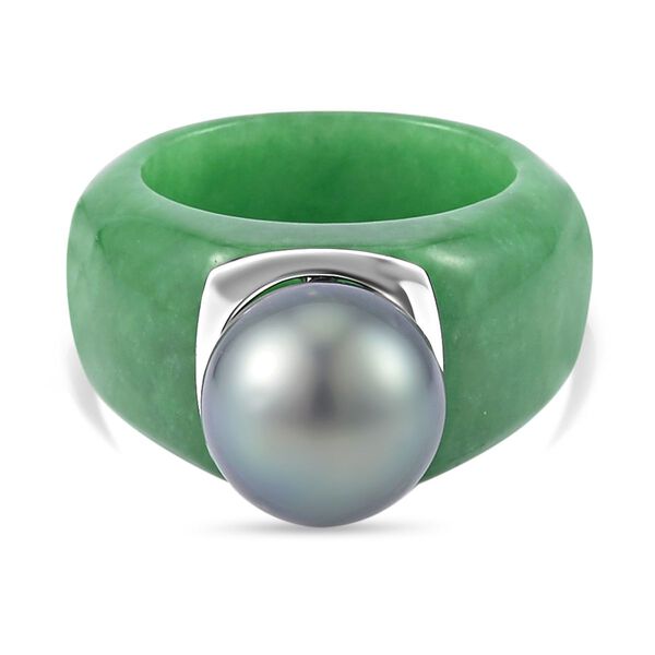 Gr&uuml;ne Jade, Tahiti Perle Ring (11-12 mm), 925 Silber rhodiniert, (Gr&ouml;&szlig;e 16.00)