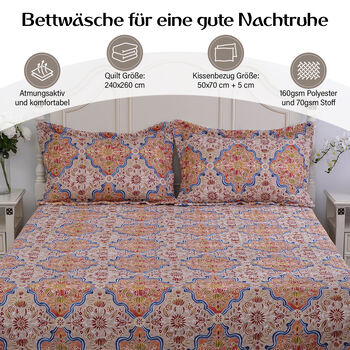 Serenity Night: 3er Set &ndash; Bedruckte Steppdecke und 2 Kissenbez&uuml;ge, Terracotta Blau
