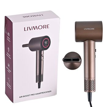 LIVMORE Haartrockner Hochgeschwindigkeit, b&uuml;rstenloser Motor, 360 Grad Magnet Aufsatz, 4 Heizstufen und 3 Geschwindigkeiten, 9.5x7,5x25cm