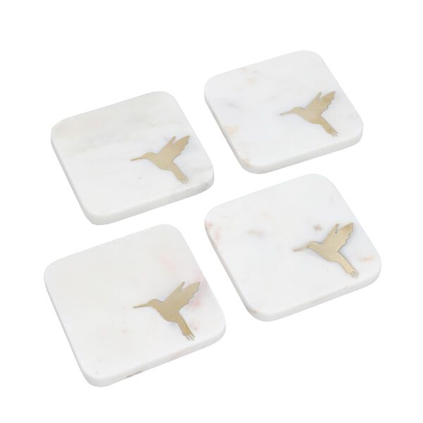 4er-Set, Marmor Untersetzer mit Messingintarsie, Kolibri, Gr&ouml;&szlig;e 10x10 cm, Wei&szlig; image number 3