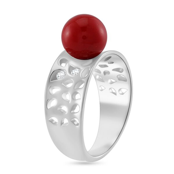 Rote Muschelkernperle, Moissanit Ring 925 Silber platiniert (Größe 17.00) image number 4