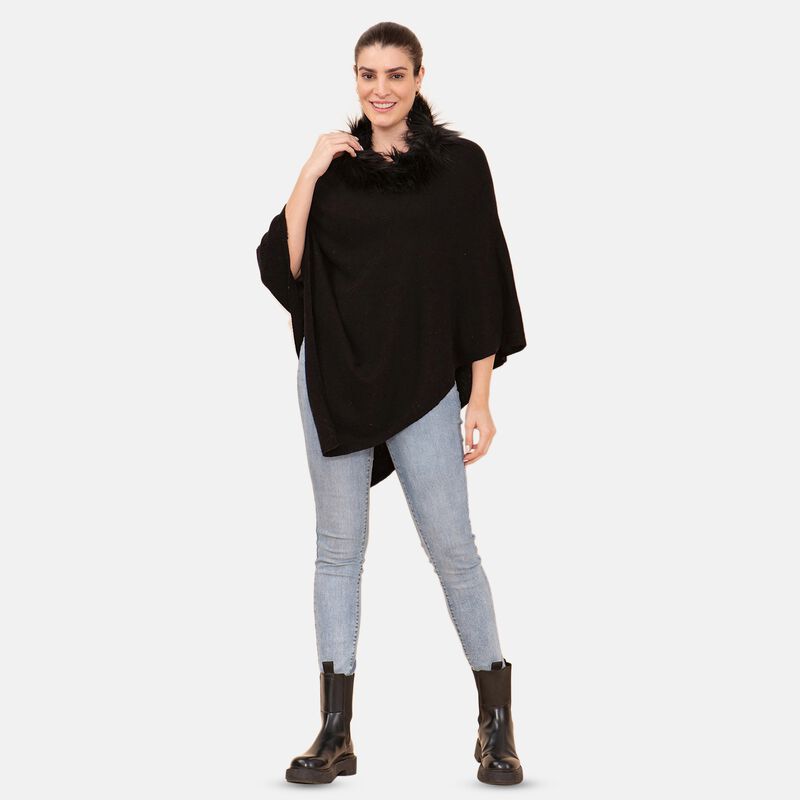 LA MAREY Pashmina Poncho mit Kunstfell Bordüre, Free Size, Schwarz  image number 0