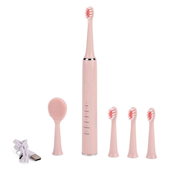 Sonic elektrische Zahnbürste mit 3 Zahnbürstenköpfen und 1 Silikon-Zungenbürstenkopf, 24,5x2,5cm, rosa image number 1