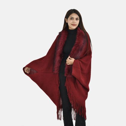 LA MAREY - luxuri&ouml;ser Kunstpelz-Kimono mit Fransen, 114x109cm, rot