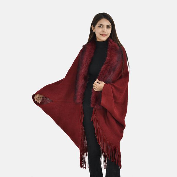 LA MAREY - luxuri&ouml;ser Kunstpelz-Kimono mit Fransen, 114x109cm, rot