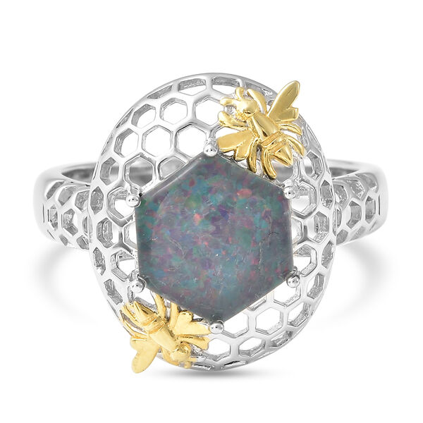 Boulder Opal Triplett Bienenstock Ring 925 Silber Bicolor  ca. 2,25 ct