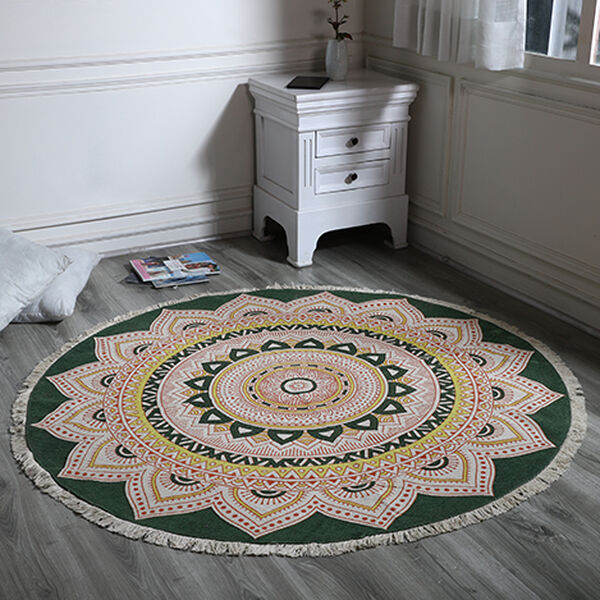 Handgewebter Teppich aus 100% Baumwolle, 150 cm Durchmesser, Mandala Gr&uuml;n