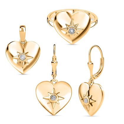 3er Set - D'Joy Wei&szlig;er Diamant Ring, Ohrringe, Anh&auml;nger, 925 Silber Gelbgold, (Gr&ouml;&szlig;e 17.00) ca. 0,03 ct.