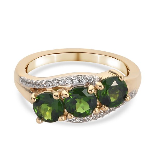 Russischer Diaopside und Zirkon 3 Stein Ring 925 Silber 585 Vergoldet