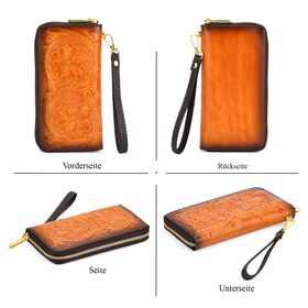 PU-Brieftasche mit gepr&auml;gtem Blumenmuster, 19x2,5x10cm, Braun