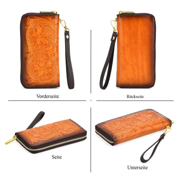 PU-Brieftasche mit geprägtem Blumenmuster, 19x2,5x10cm, Braun image number 4