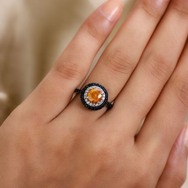 Orange Sphalerit und schwarze Spinell Ring 925 Silber Platin-Überzug image number 3