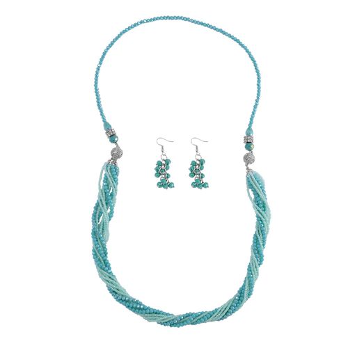 2er Set mehrschichtiger Halsketten und Ohrringe, Grünblaue Kristallperlen und weiße Kristalle image number 0