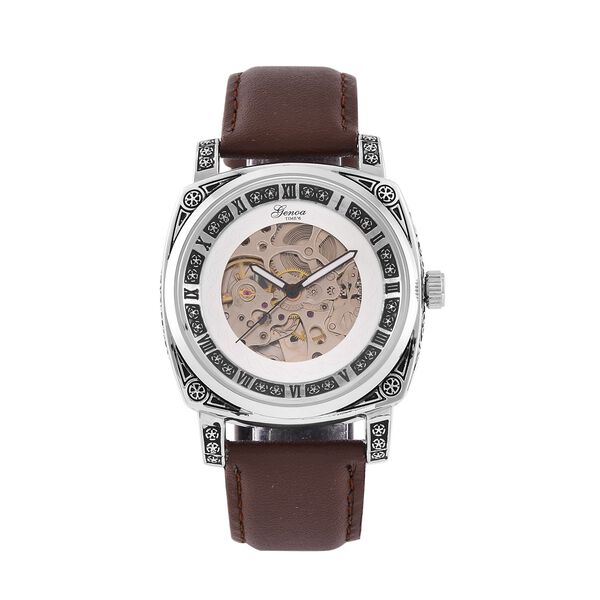 Genoa Time V2 Automatik-Uhr mit Schwarz Oxidiertem Graviertem Gehäuse und Braunem Lederarmband image number 0