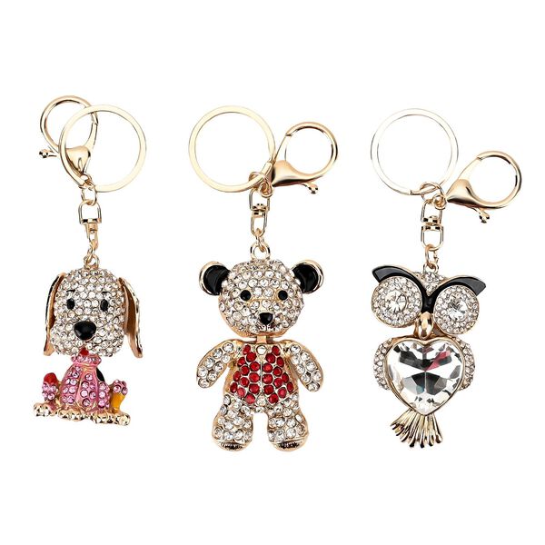 3er-Set - Mehrfarbiger Kristall-Schl&uuml;sselanh&auml;nger, Hund, B&auml;r und Eule