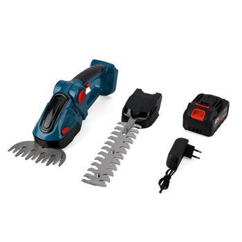 Akku Gras und Strauchschere, 2 in 1 Gartenschneider, 6000 mAh, 390 W, Blau