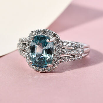 Blauer und Wei&szlig;er Zirkon Ring 925 Silber platiniert