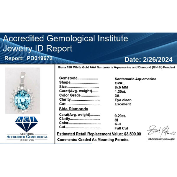 ILIANA zertifiziert und gepr&uuml;ft AAA Santamaria Aquamarin und Diamant Anh&auml;nger in 750 Wei&szlig;gold - 1,4 ct. image number 5