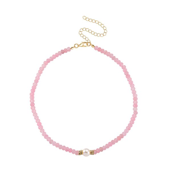 Muschelkernperle (9-11 mm) Halskette mit Rosenquarz, verstellbar 40.5 cm +10 cm Extender, goldfarben image number 4