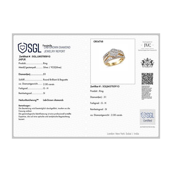 LUXURIANT SGL zertifizierter SI-GH Labor Diamant Ring, 925 Silber 750 Gelbgold Vermeil - 2 ct. image number 8