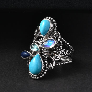 Sajen Silber-T&uuml;rkis, Wei&szlig;er Regenbogen Mondstein Ring 925 Silber rhodiniert (Gr&ouml;&szlig;e 17.00) ca. 3.32 ct