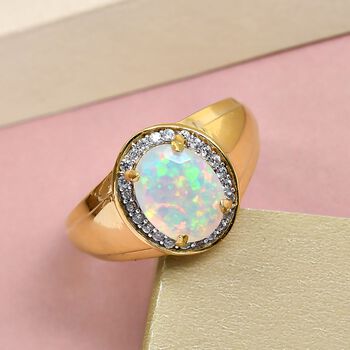 Nat&uuml;rlicher, &auml;thiopischer Welo Opal und wei&szlig;er Zirkon-Ring, 925 Silber vergoldet (Gr&ouml;&szlig;e 20.00) ca. 1.24 ct