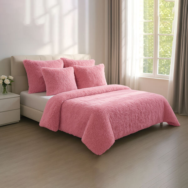 SERENITY NIGHT: 3er-Set - &Uuml;berwurf und 2 Kissenbez&uuml;ge aus Kunstfell, Rosa