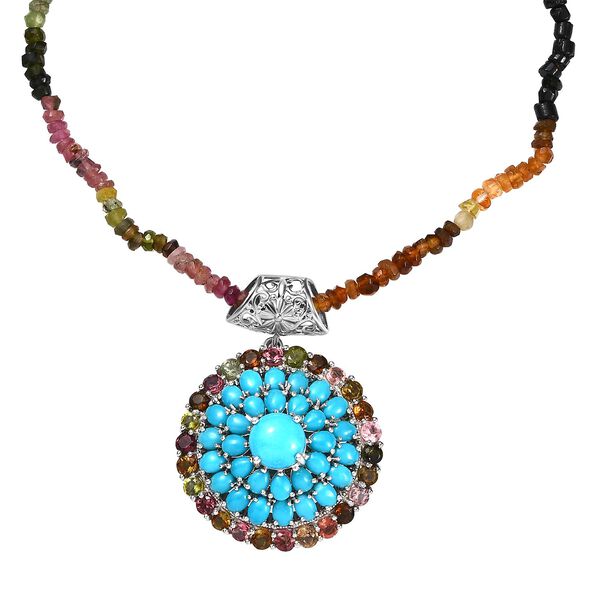 Sleeping Beauty T&uuml;rkis, Mehrfach-Turmalin Anh&auml;nger mit Kette ca. 45 cm 925 Silber platiniert ca. 55.18 ct