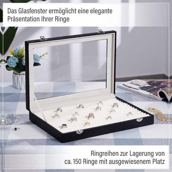 Elegante Ringbox im Edlen Drachenhaut-Design, 150 F&auml;cher, Glasfenster, Anlaufschutz, Zwei Verschlussriegel, 35x24x5.5cm, Schwarz image number 9