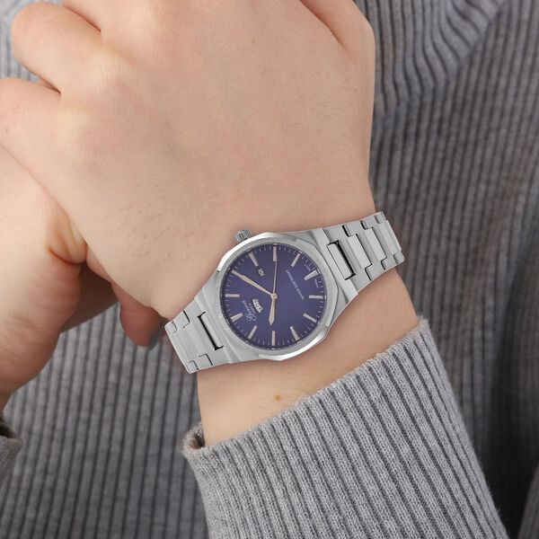 GENOA - Japanisches Uhrwerk, Blaues Sonnenschliff-Zifferblatt mit Balkenindexen, Reiner Edelstahl mit Faltschließe, Bicolor, 20 cm image number 3