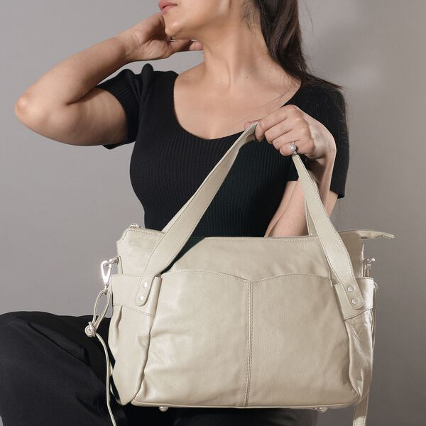 100% Echtleder Weekender Reisetasche mit RFID-Schutz, 43x28x33 cm, Beige image number 2