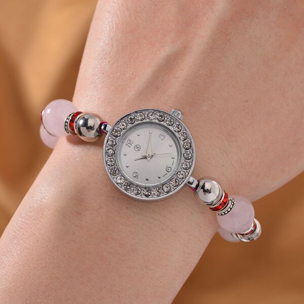 STRADA - Rosenquarz, weißer Kristall flexible Armband-Uhr, japanisches Uhrwerk, ca. 18-19cm, Schwarz oxidiert image number 2