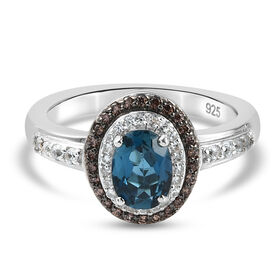 London Blau Topas und Zirkon Ring 925 Silber platiniert  ca. 1,24 ct