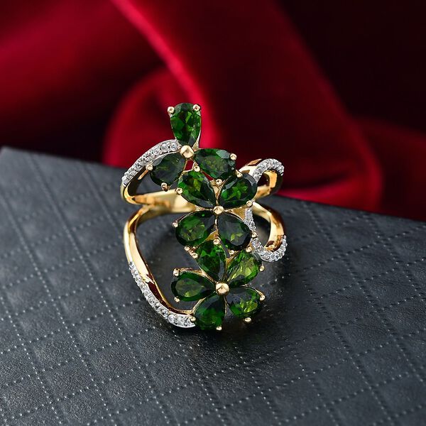 Nat&uuml;rlicher Chromdiopsid, Wei&szlig;er Zirkon Ring 925 Silber 750 Gelbgold Vermeil (Gr&ouml;&szlig;e 20.00) ca. 5.70 ct image number 1