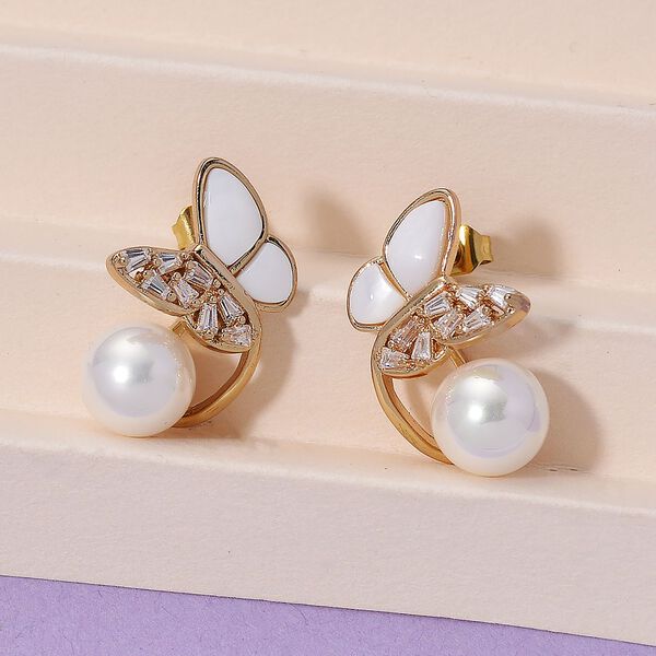 Weiße Muschelkernperle (7-9 mm), Weißes Perlmutt Ohrringe, Nickelfreies Messing, golfarben image number 2