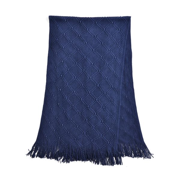 Strickschal mit Quasten und Perlen, Dunkelblau