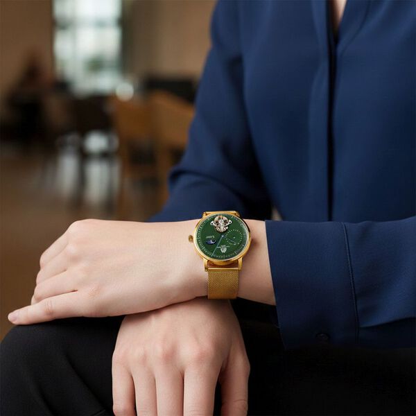 William Hunt Automatik-Uhr - IP-schwarzbeschichtetes Edelstahlgeh&auml;use, gr&uuml;nes Multifunktionszifferblatt mit gew&ouml;lbtem Glas, Edelstahl-Mesh-Armband, Glasboden, 5 ATM wasserdicht, Reiner Edelstahl image number 2