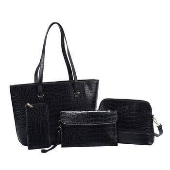 Passage - 4er-Set, Handtasche, Crossbody Tasche, Clutch und Brieftasche mit Kroko-Pr&auml;gung, Schwarz