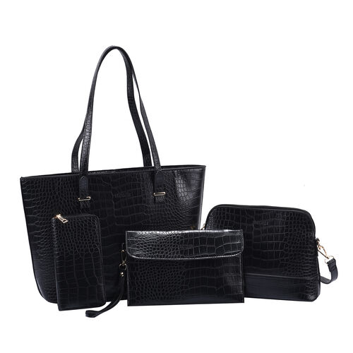 Passage - 4er-Set, Handtasche, Crossbody Tasche, Clutch und Brieftasche mit Kroko-Prägung, Schwarz image number 0